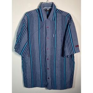 FUBU The Collection Shirt Mens Large Striped Button Down Navy Teal